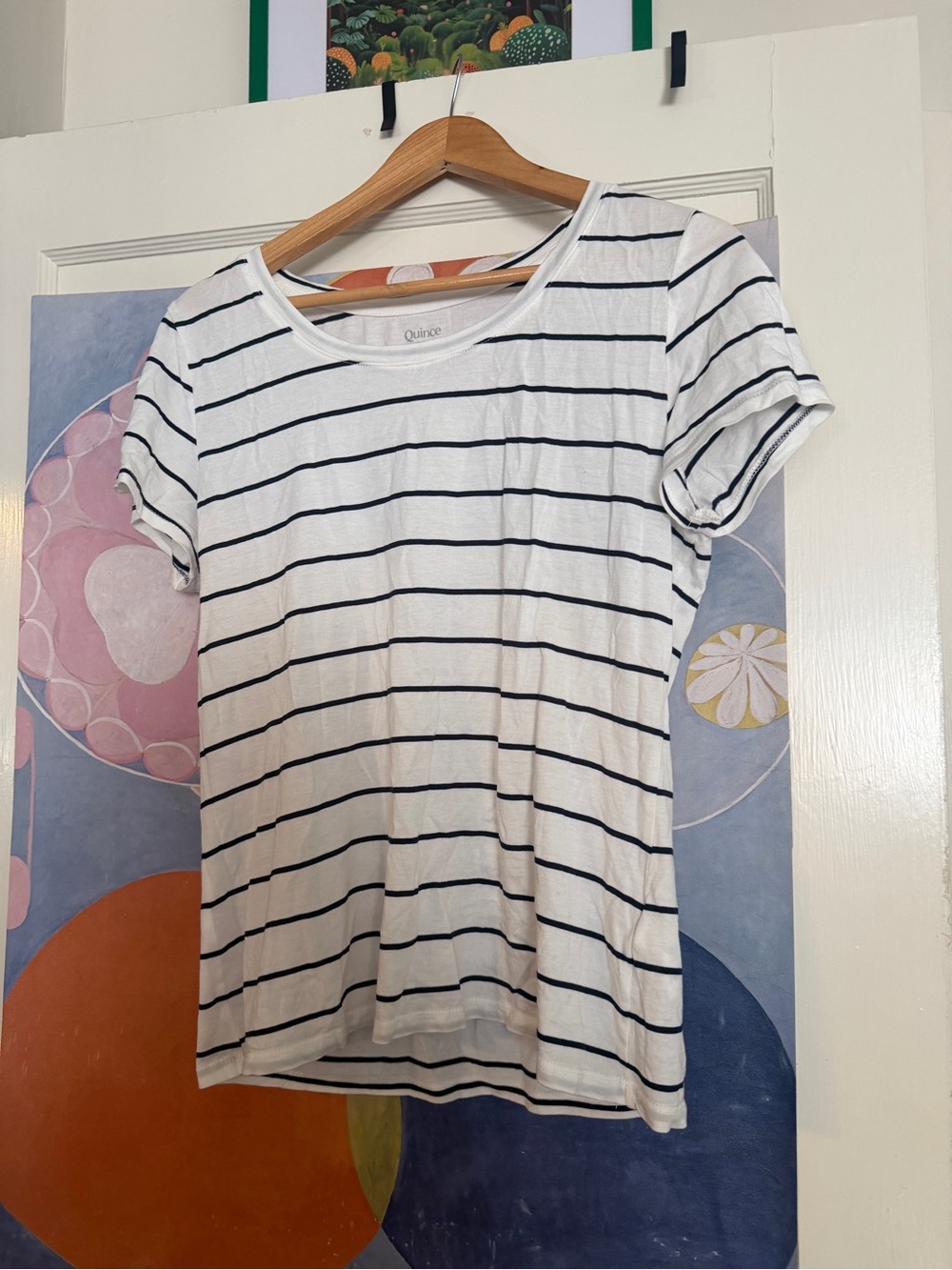 Quince White Tee with Navy Stripes - Short Sleeve